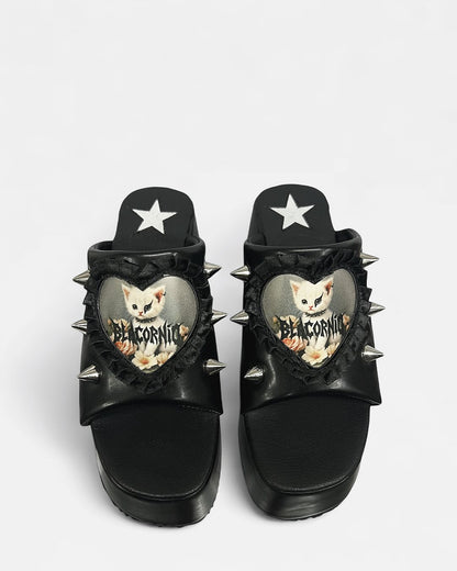 Black Open-toe Embroidered Cat Patch Sandals