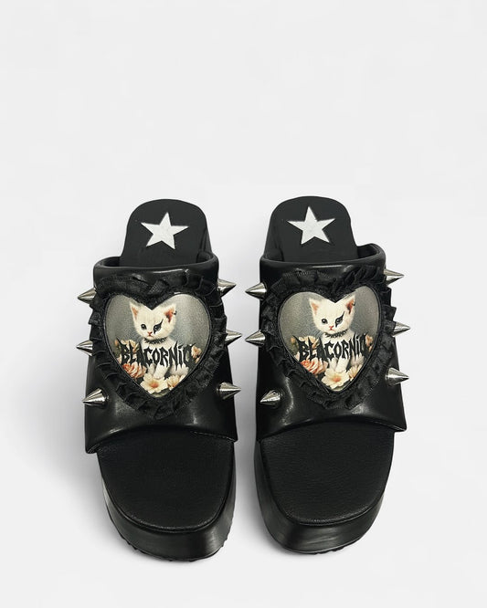 Black Open-toe Embroidered Cat Patch Sandals