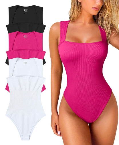 Sexy Ribbed Strappy Square Neck Sleeveless Bodysuits