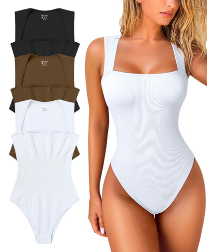 Sexy Ribbed Strappy Square Neck Sleeveless Bodysuits