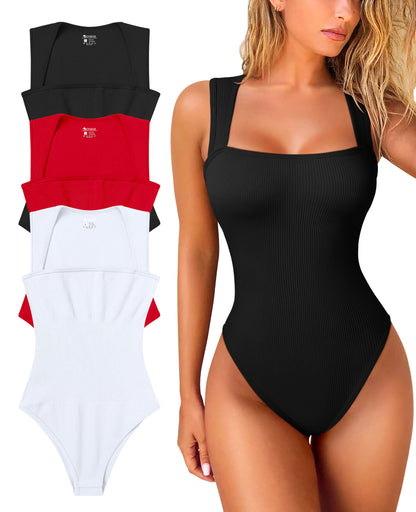 Sexy Ribbed Strappy Square Neck Sleeveless Bodysuits
