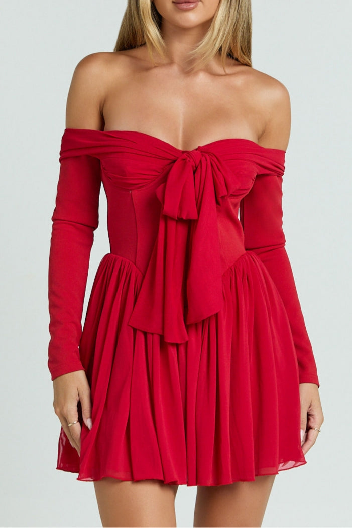 Red Off Shoulder Long Sleeve V Waist Bennett Mini Dress