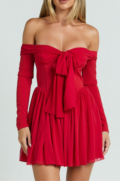Red Off Shoulder Long Sleeve V Waist Bennett Mini Dress