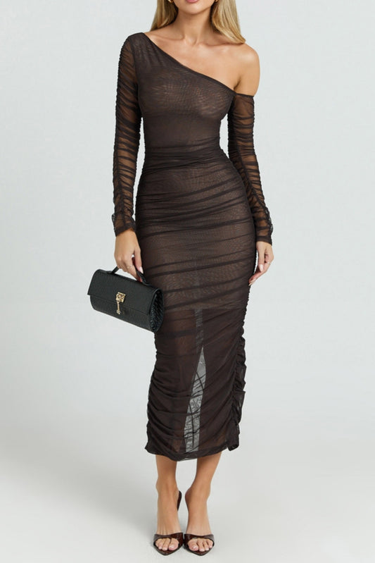 Brown Asymmetric Mesh Ruched Bodycon  Midi Dress
