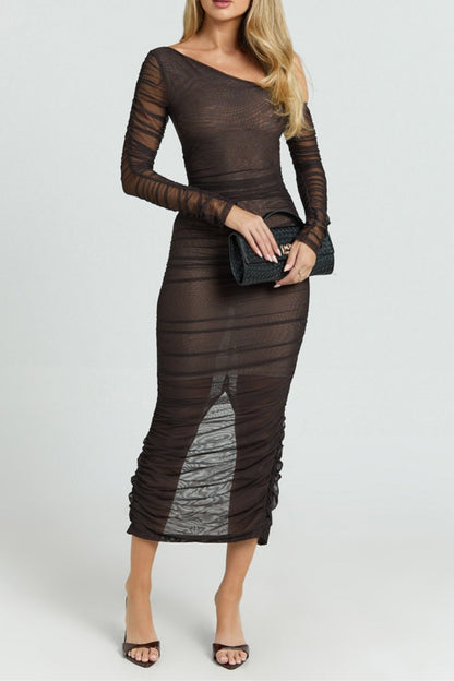 Brown Asymmetric Mesh Ruched Bodycon  Midi Dress