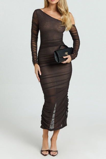 Brown Asymmetric Mesh Ruched Bodycon  Midi Dress