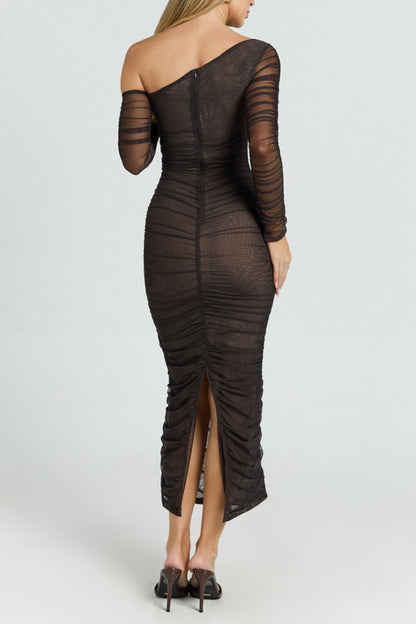 Brown Asymmetric Mesh Ruched Bodycon  Midi Dress