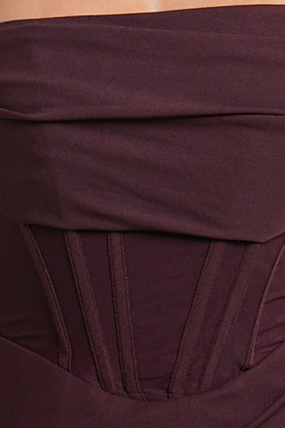 Burgundy Off Shoulder Draped Corset Aidia Midi Dress