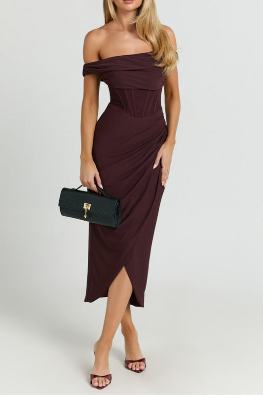 Burgundy Off Shoulder Draped Corset Aidia Midi Dress