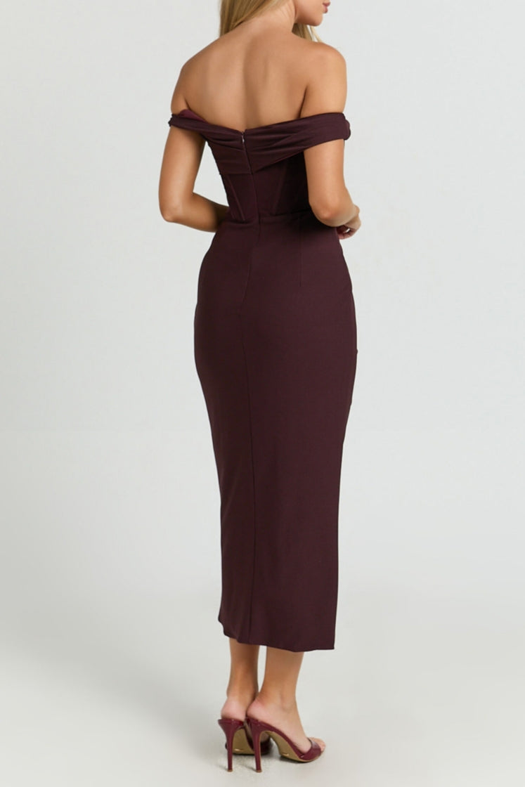 Burgundy Off Shoulder Draped Corset Aidia Midi Dress