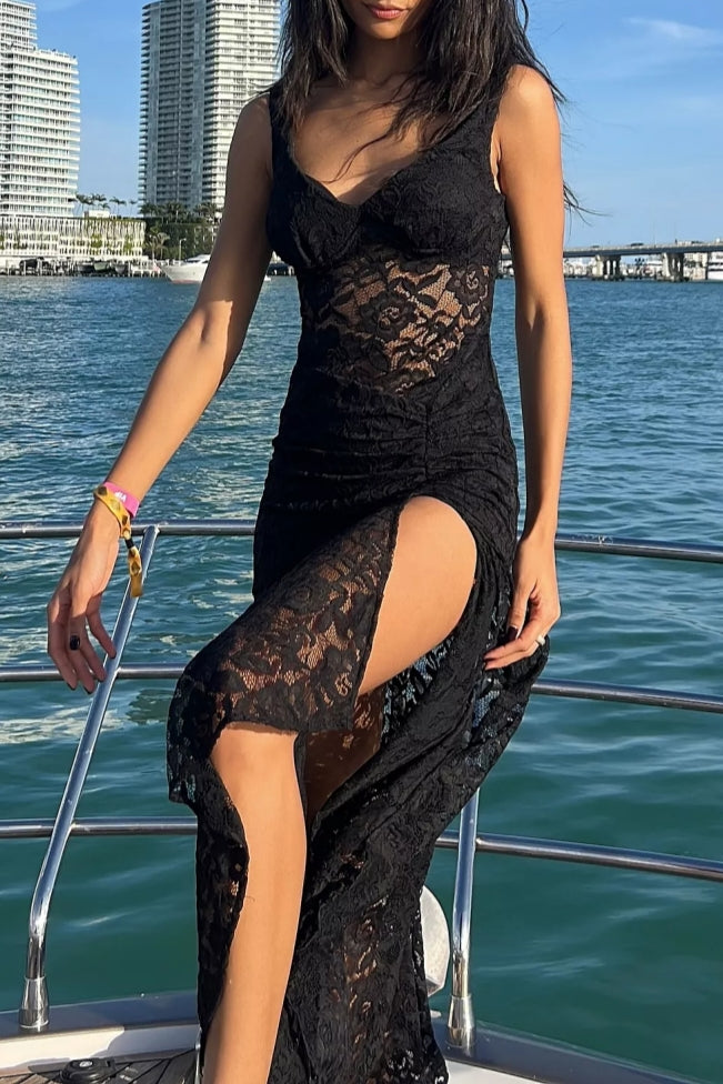 Lace Off Shoulder Side Split Midi Dress