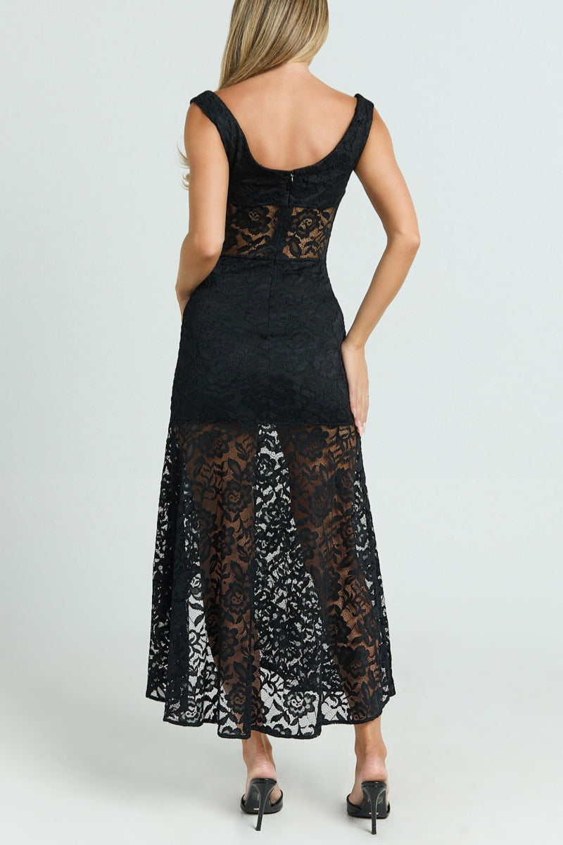 Lace Off Shoulder Side Split Midi Dress