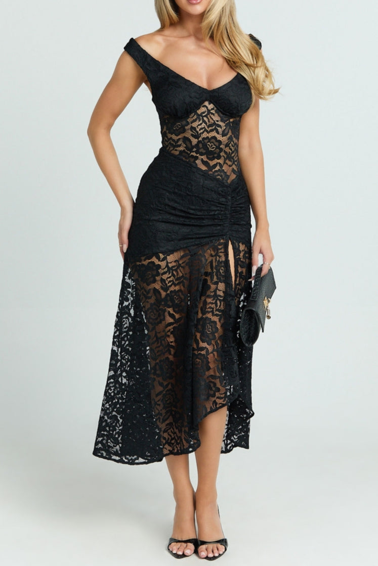 Lace Off Shoulder Side Split Midi Dress