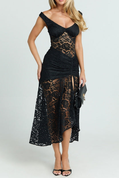 Lace Off Shoulder Side Split Midi Dress