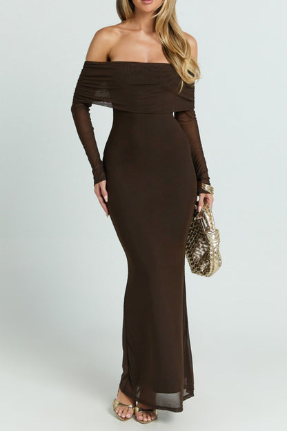 Chocolate Off The Shoulder Mesh Bethanie Maxi Dress