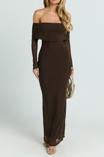 Chocolate Off The Shoulder Mesh Bethanie Maxi Dress