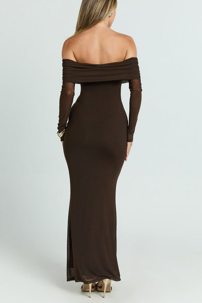Chocolate Off The Shoulder Mesh Bethanie Maxi Dress