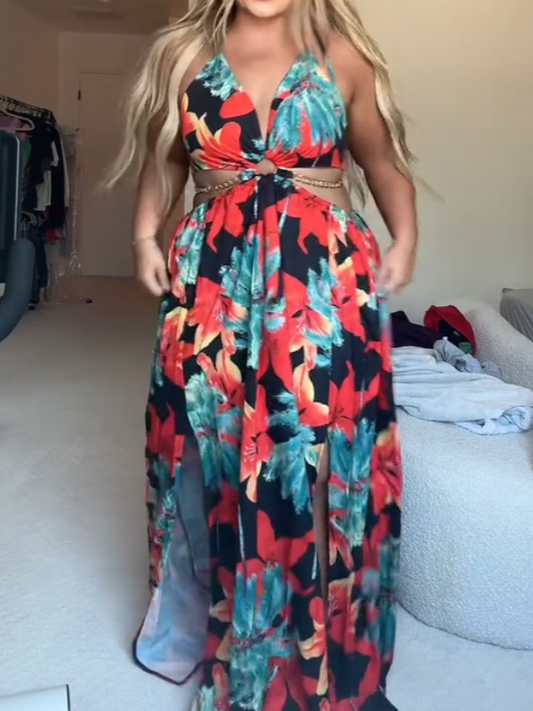 Vibrant Tropical Floral Maxi Dress
