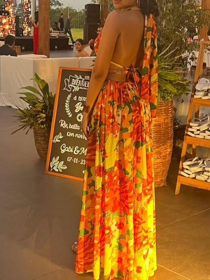 Bright Orange And Yellow Floral Halter Maxi Dress