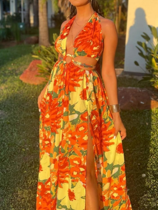 Bright Orange And Yellow Floral Halter Maxi Dress