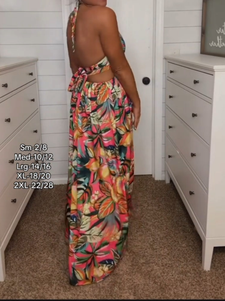 Bright Orange And Yellow Floral Halter Maxi Dress