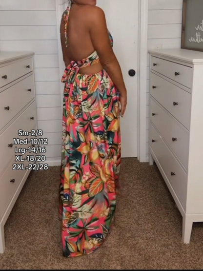 Bright Orange And Yellow Floral Halter Maxi Dress