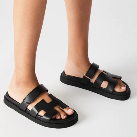 Black Leather Slider Sandals