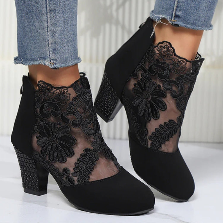 Black Lace Ankle Boots With Block Heel