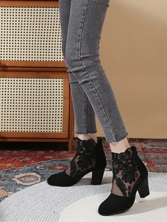 Black Lace Ankle Boots With Block Heel
