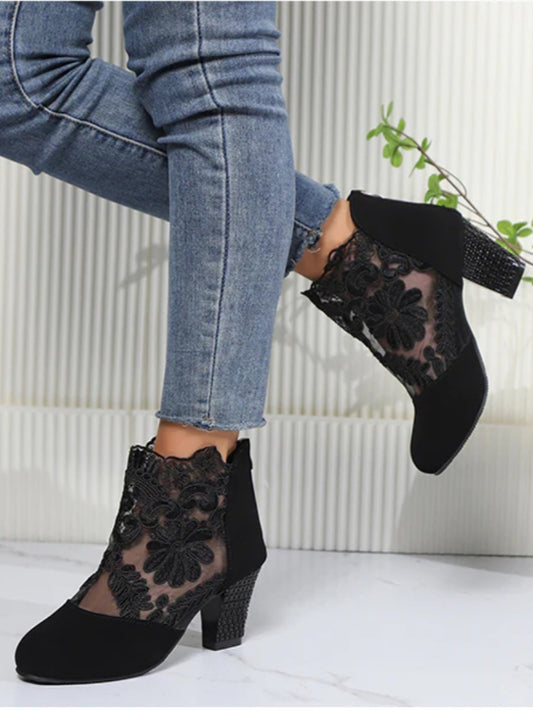 Black Lace Ankle Boots With Block Heel