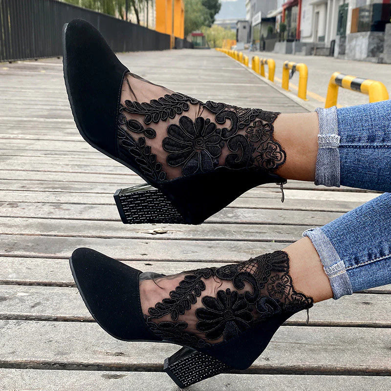 Black Lace Ankle Boots With Block Heel