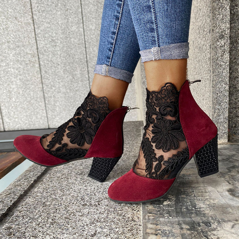 Black Lace Ankle Boots With Block Heel