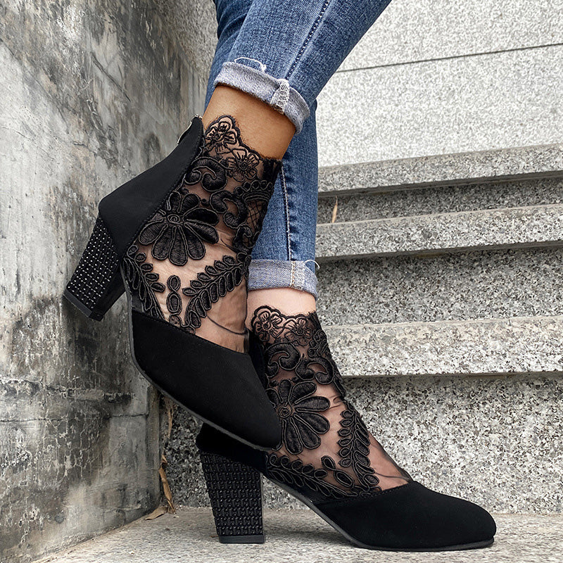 Black Lace Ankle Boots With Block Heel