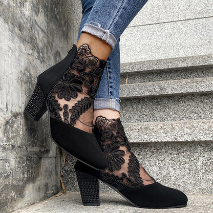 Black Lace Ankle Boots With Block Heel