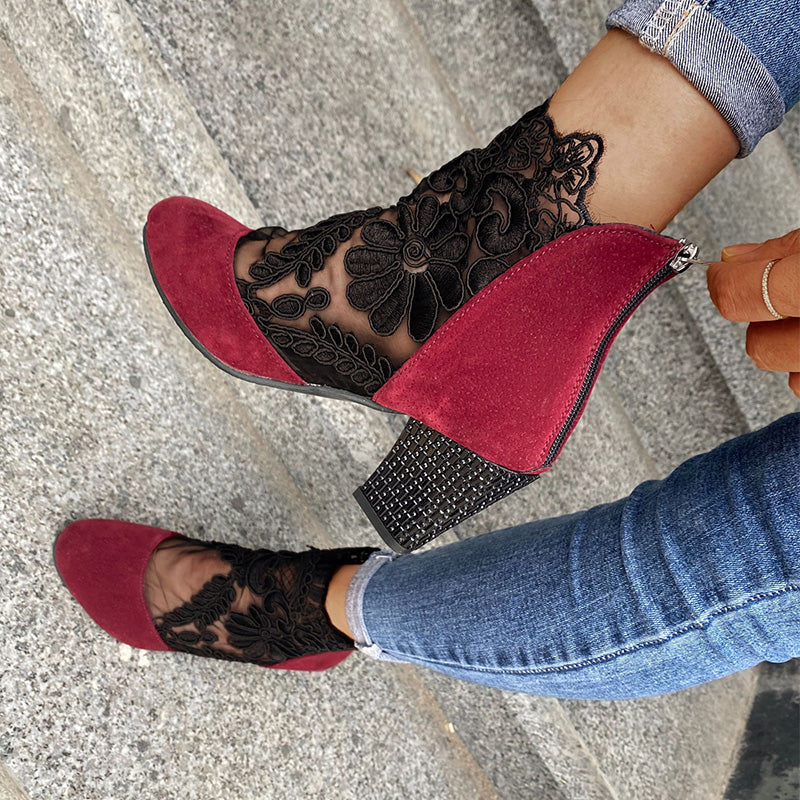 Black Lace Ankle Boots With Block Heel