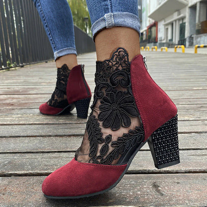 Black Lace Ankle Boots With Block Heel