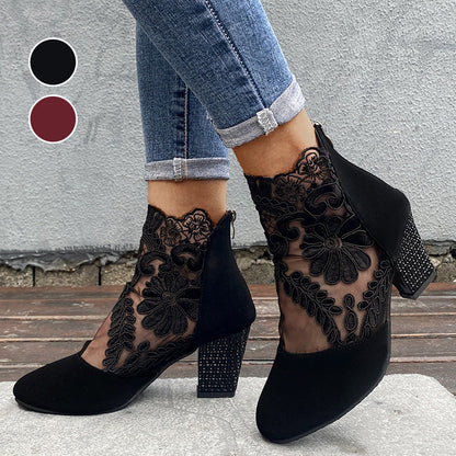 Black Lace Ankle Boots With Block Heel