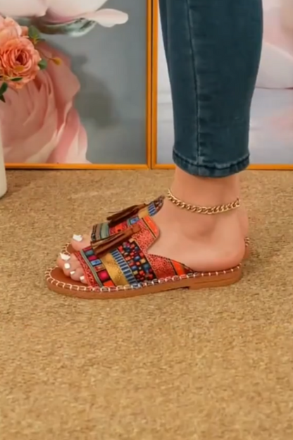 Tassel-Trim Colorful Stripe Slip Sandals