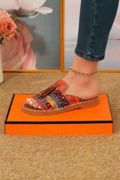 Tassel-Trim Colorful Stripe Slip Sandals