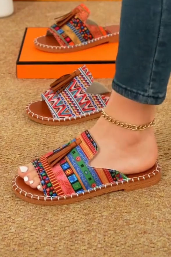Tassel-Trim Colorful Stripe Slip Sandals