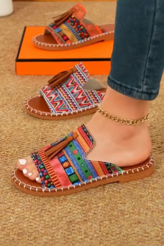 Tassel-Trim Colorful Stripe Slip Sandals
