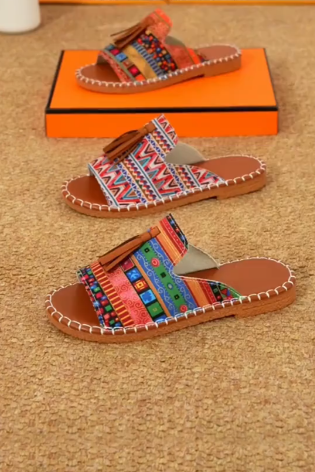 Tassel-Trim Colorful Stripe Slip Sandals