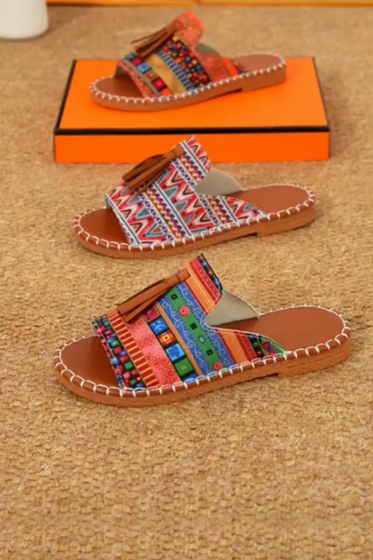 Tassel-Trim Colorful Stripe Slip Sandals