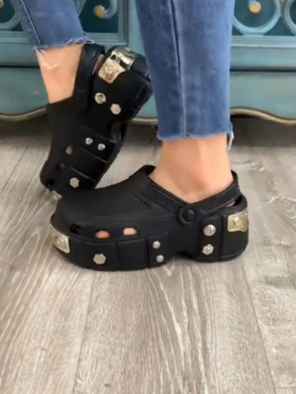 Black Platform Shoes With Silver Hardware Details
