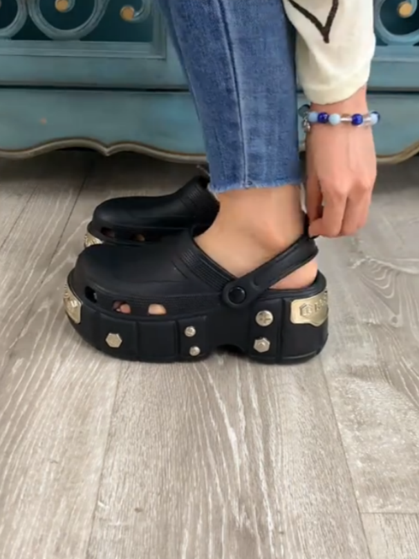 Black Platform Shoes With Silver Hardware Details