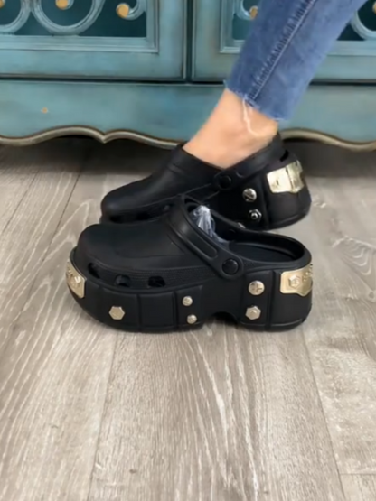 Black Platform Shoes With Silver Hardware Details