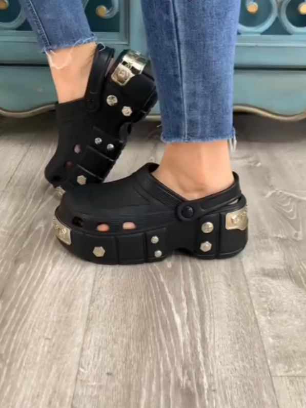 Black Platform Shoes With Silver Hardware Details