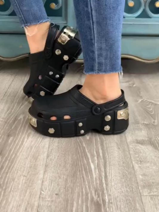 Black Platform Shoes With Silver Hardware Details