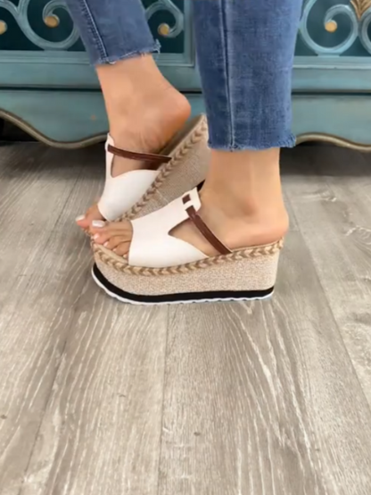 White And Brown Platform Wedge Sandals
