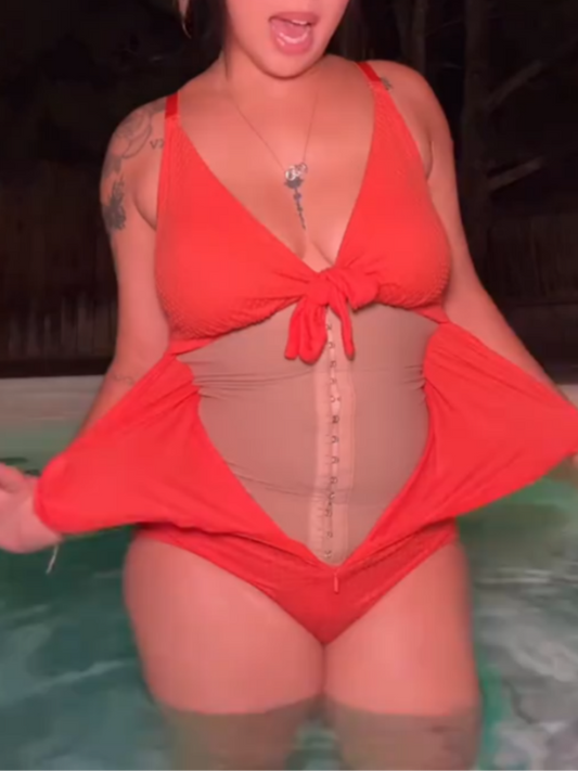 Red Swimsuit With Beige Bodysuit